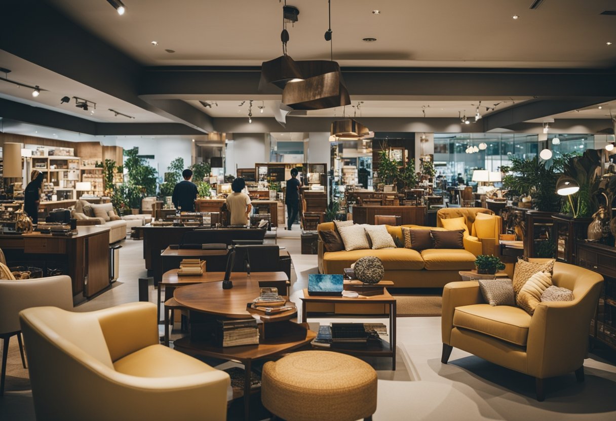 A bustling 2nd hand furniture store in Singapore, filled with unique pieces and eager customers browsing through the wide selection