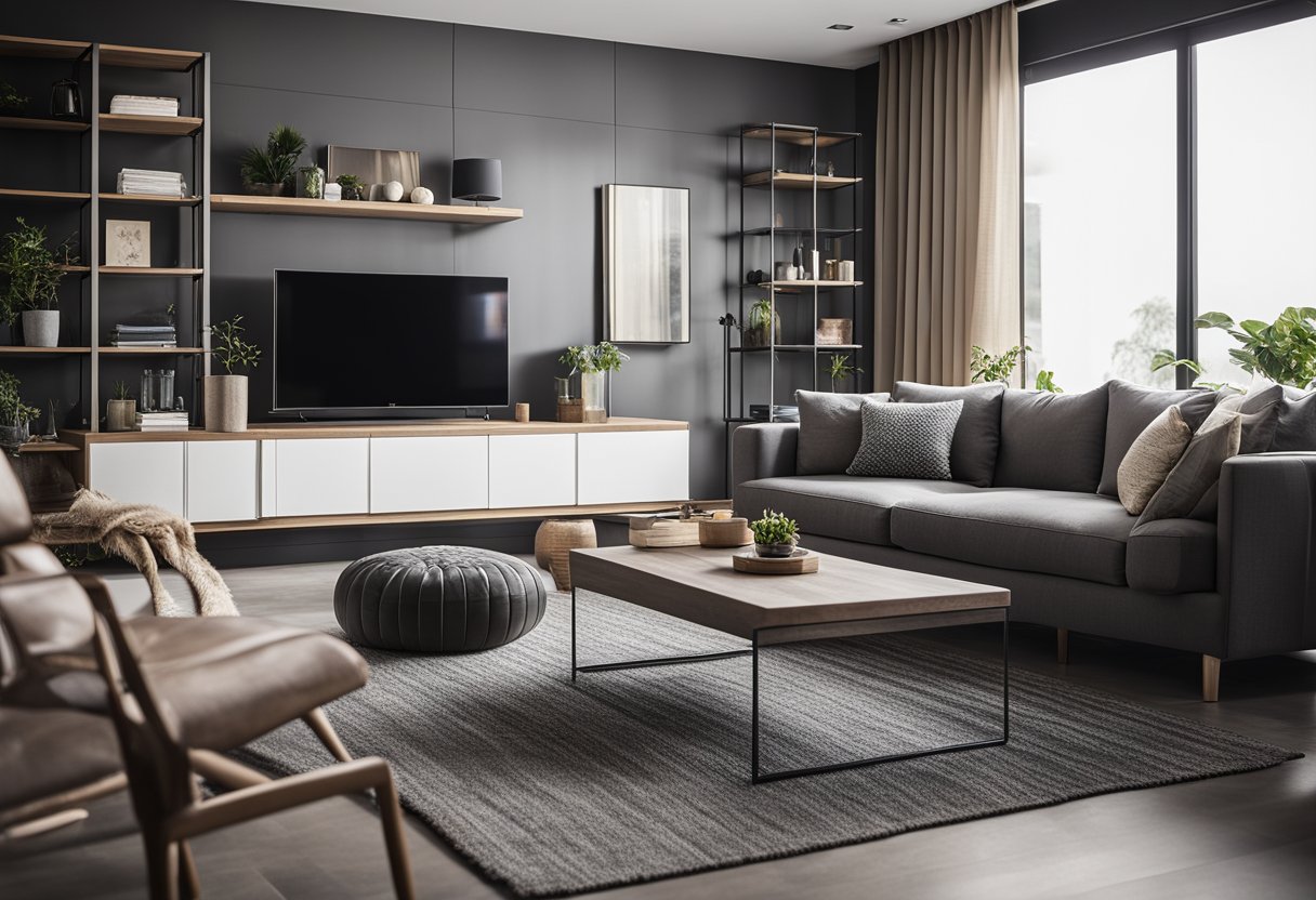 A modern living room with stylish furniture and decor, featuring a comfortable sofa, a sleek coffee table, and a chic entertainment unit