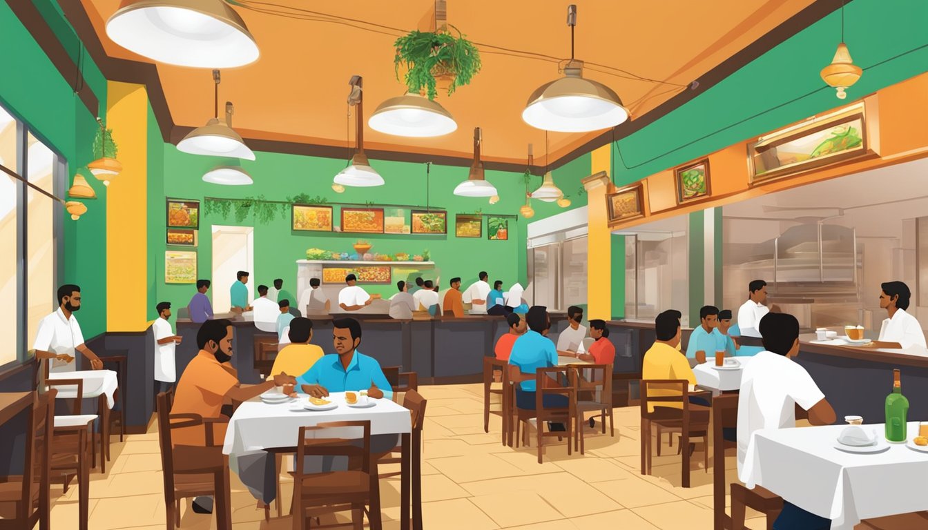 A bustling Dindigul Thalappakatti restaurant with colorful decor, steaming pots of biryani, and a lively atmosphere