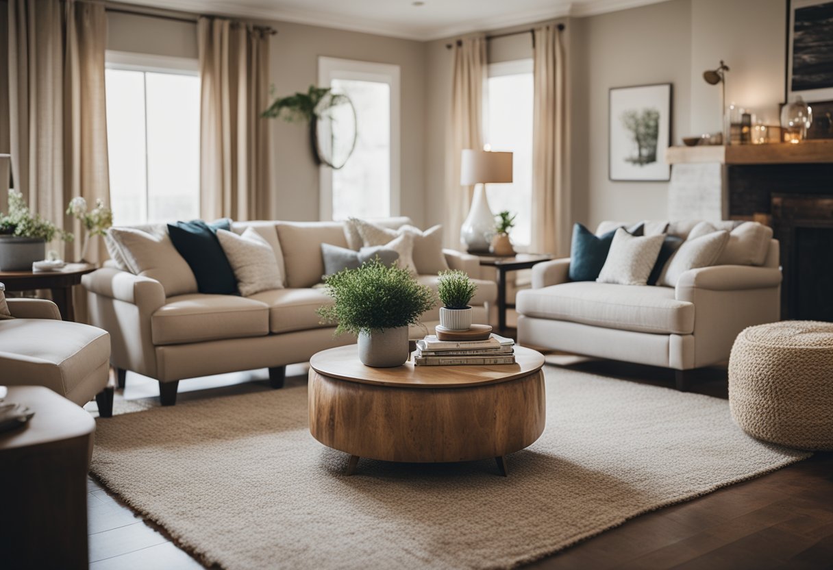 A cozy living room with mismatched furniture, neutral colors, and DIY decor. A large, statement rug anchors the space, while thrifted and repurposed items add character and charm