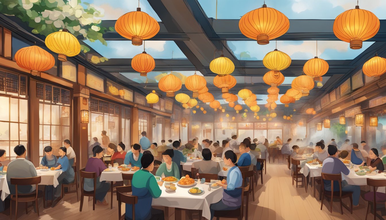 The bustling Gim Tim restaurant, with colorful lanterns hanging from the ceiling and steaming plates of dumplings being served at the tables