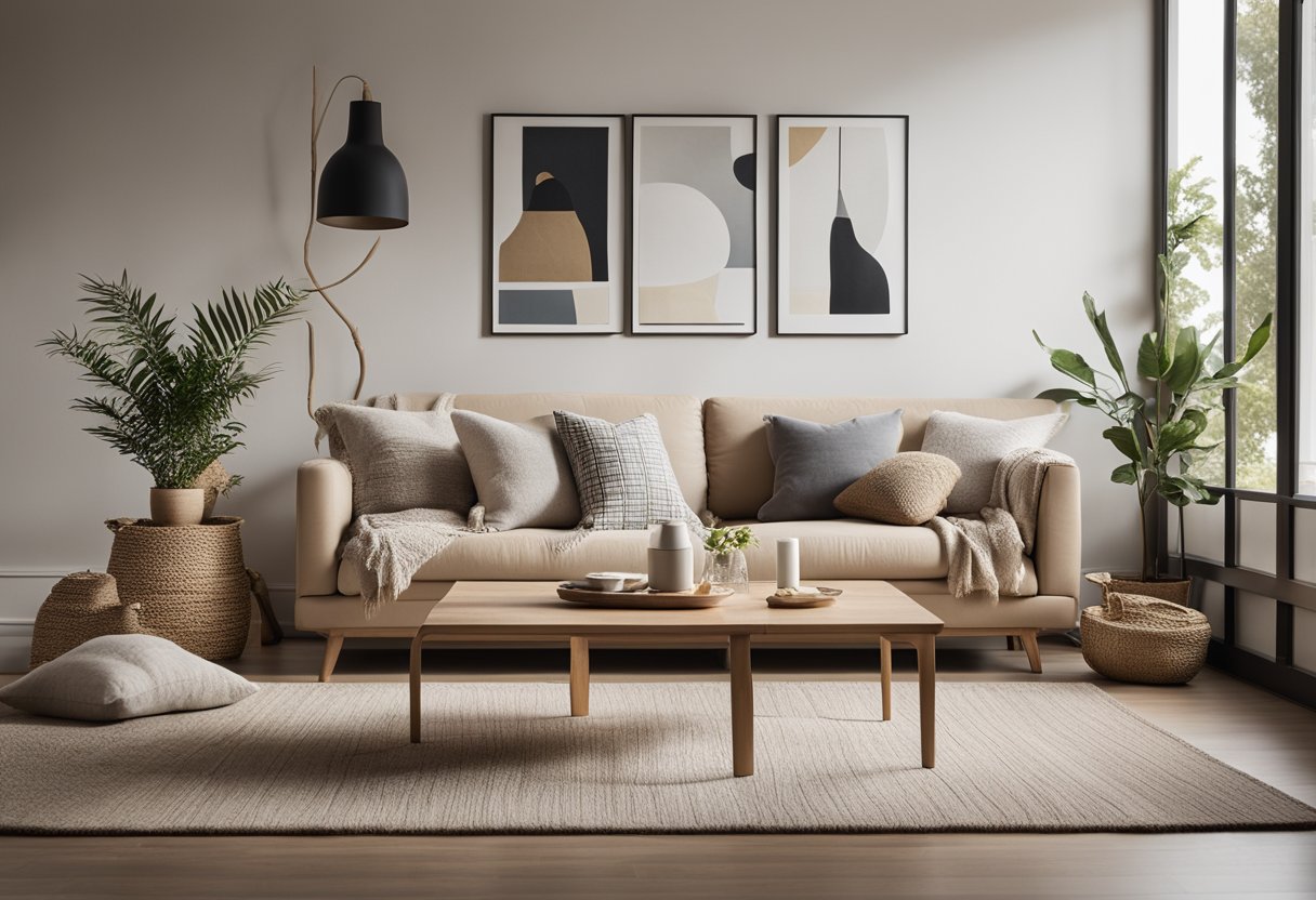 A cozy living room with simple, yet stylish furniture. Neutral colors and natural materials create a warm and inviting atmosphere. Decorative accents, such as throw pillows and wall art, add personality without breaking the bank