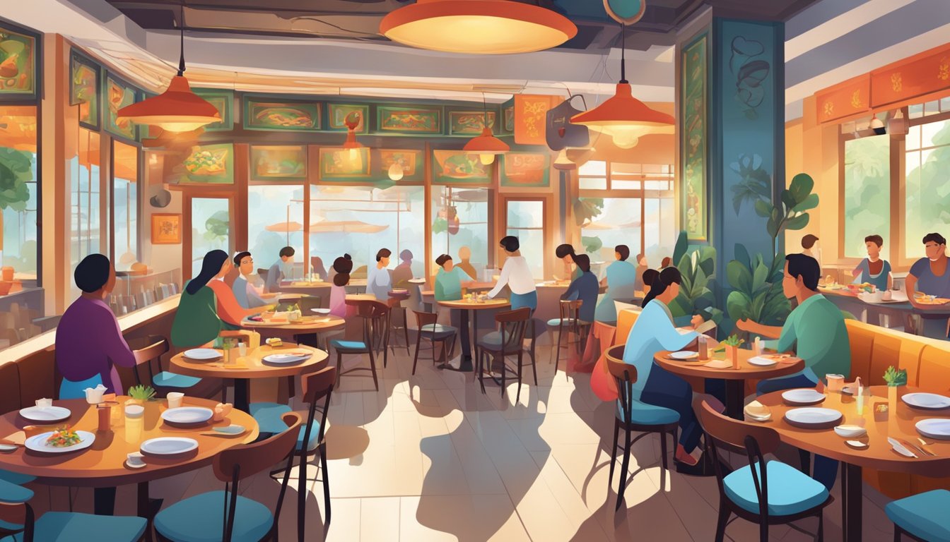 A bustling restaurant with colorful decor, steaming pots, and sizzling woks. Customers enjoy fragrant dishes at round tables