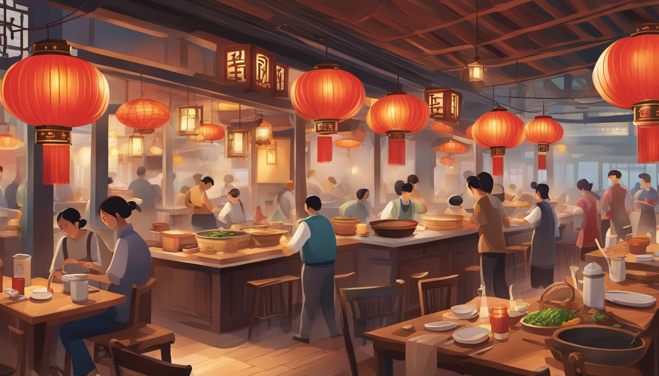 A bustling restaurant with red lanterns, ornate wooden tables, and a bustling kitchen. Patrons enjoy steaming hot pots and sizzling stir-fries while traditional music fills the air