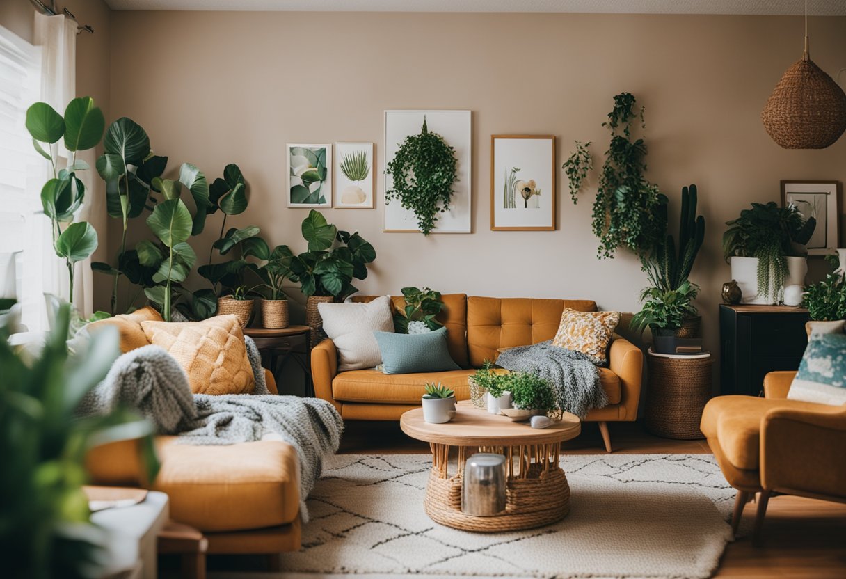 A cozy living room with DIY decor, repurposed furniture, and thrifted accents. Bright colors, plants, and creative storage solutions