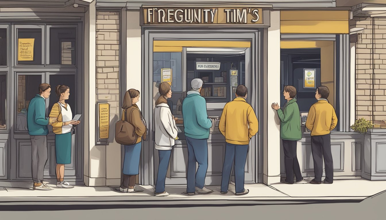 Customers line up at the entrance of Gim Tim restaurant, reading a sign with "Frequently Asked Questions" before entering