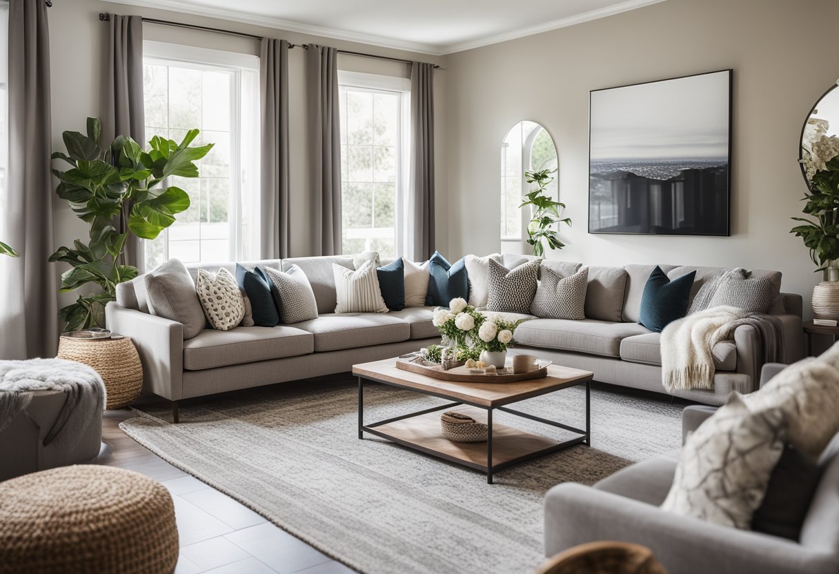 A cozy living room with affordable decor: neutral color scheme, comfortable seating, decorative pillows, layered rugs, and budget-friendly wall art