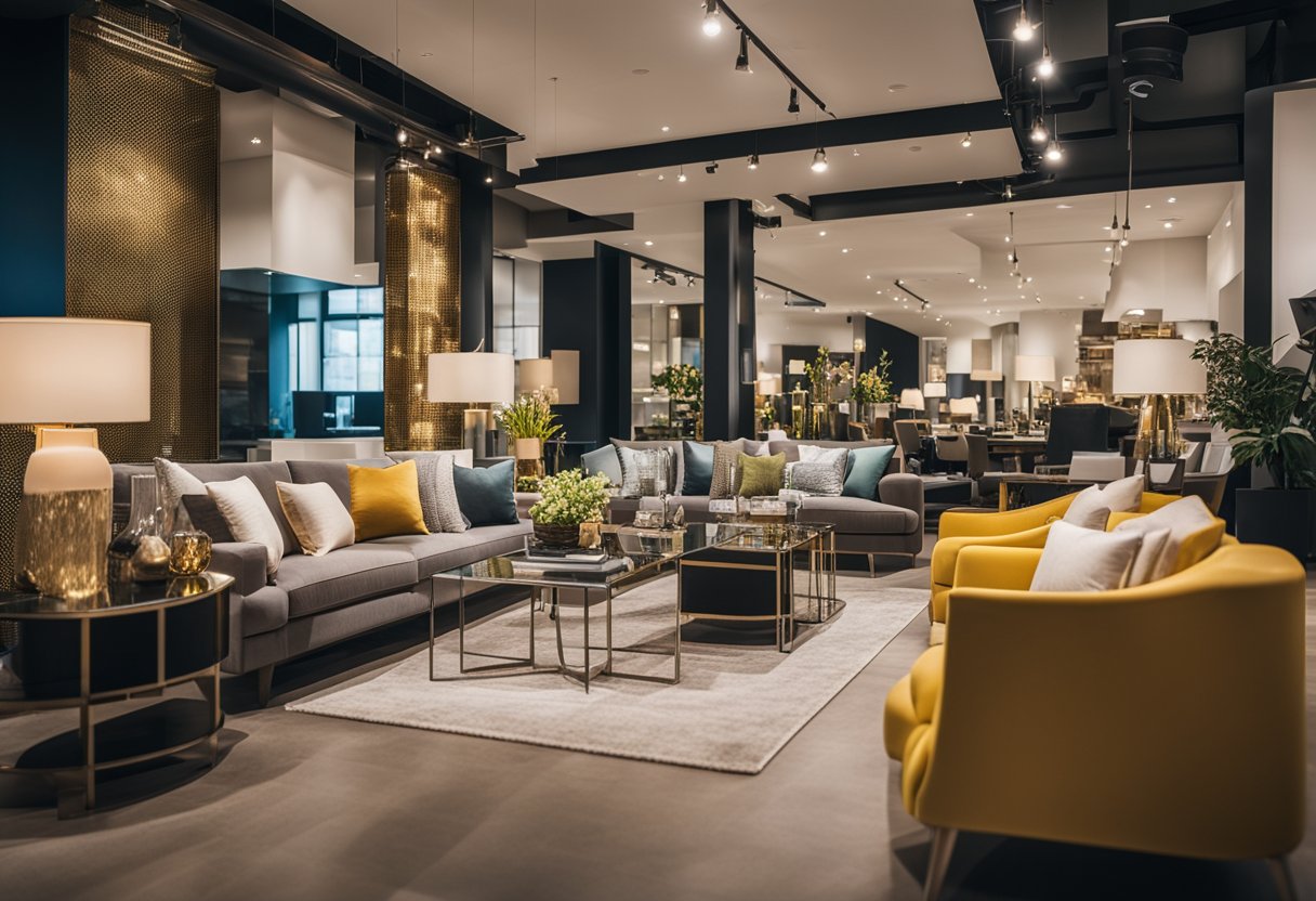 A bustling showroom with various furniture displays, from cozy sofas to elegant dining sets. Bright lighting and colorful decor create an inviting atmosphere