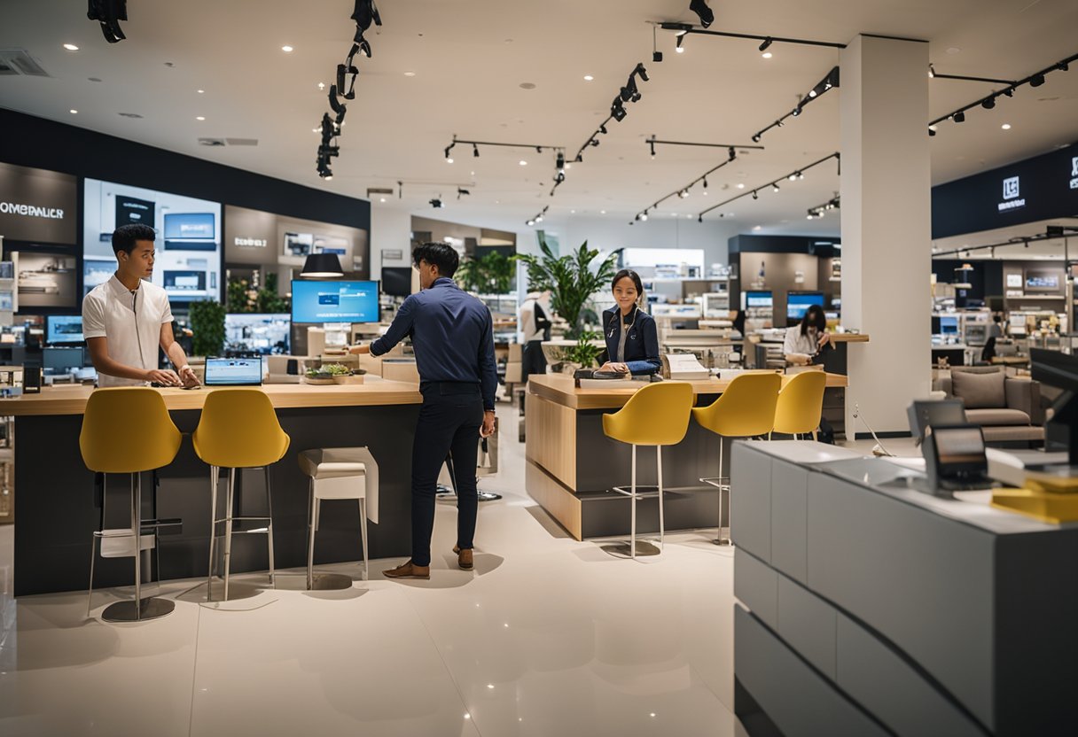 A customer browsing through a variety of furniture items at a Harvey Norman store in Singapore, with sales representatives assisting other customers in the background