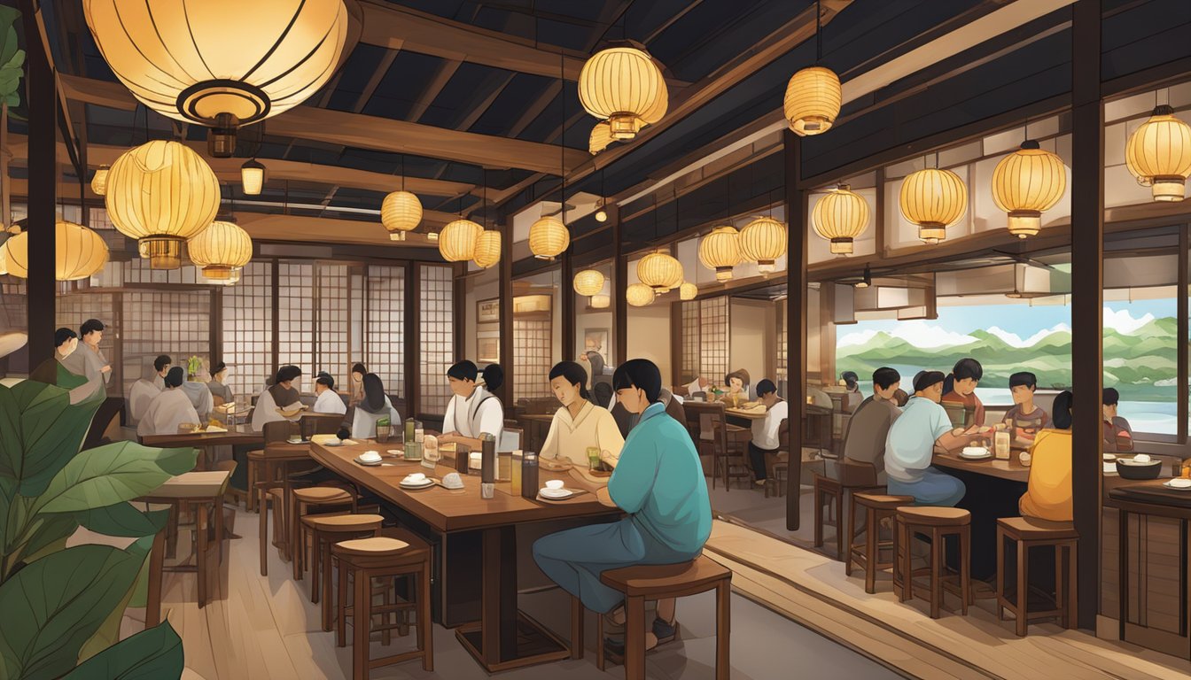 A bustling Japanese restaurant at Millenia Walk, with traditional lanterns, wooden decor, and a sushi bar