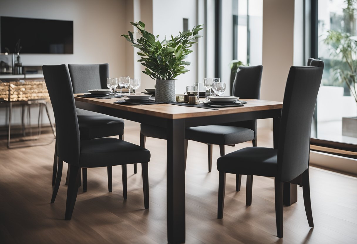 A dining table and chairs in a well-lit room, showcasing sturdy construction and high-quality materials