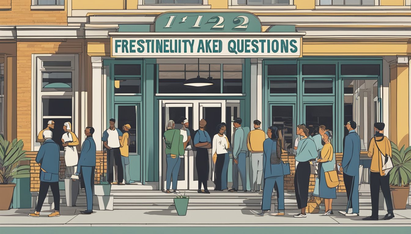 Customers line up at the entrance of i12 restaurant. A sign displays the words "Frequently Asked Questions" in bold letters. Staff members assist diners inside