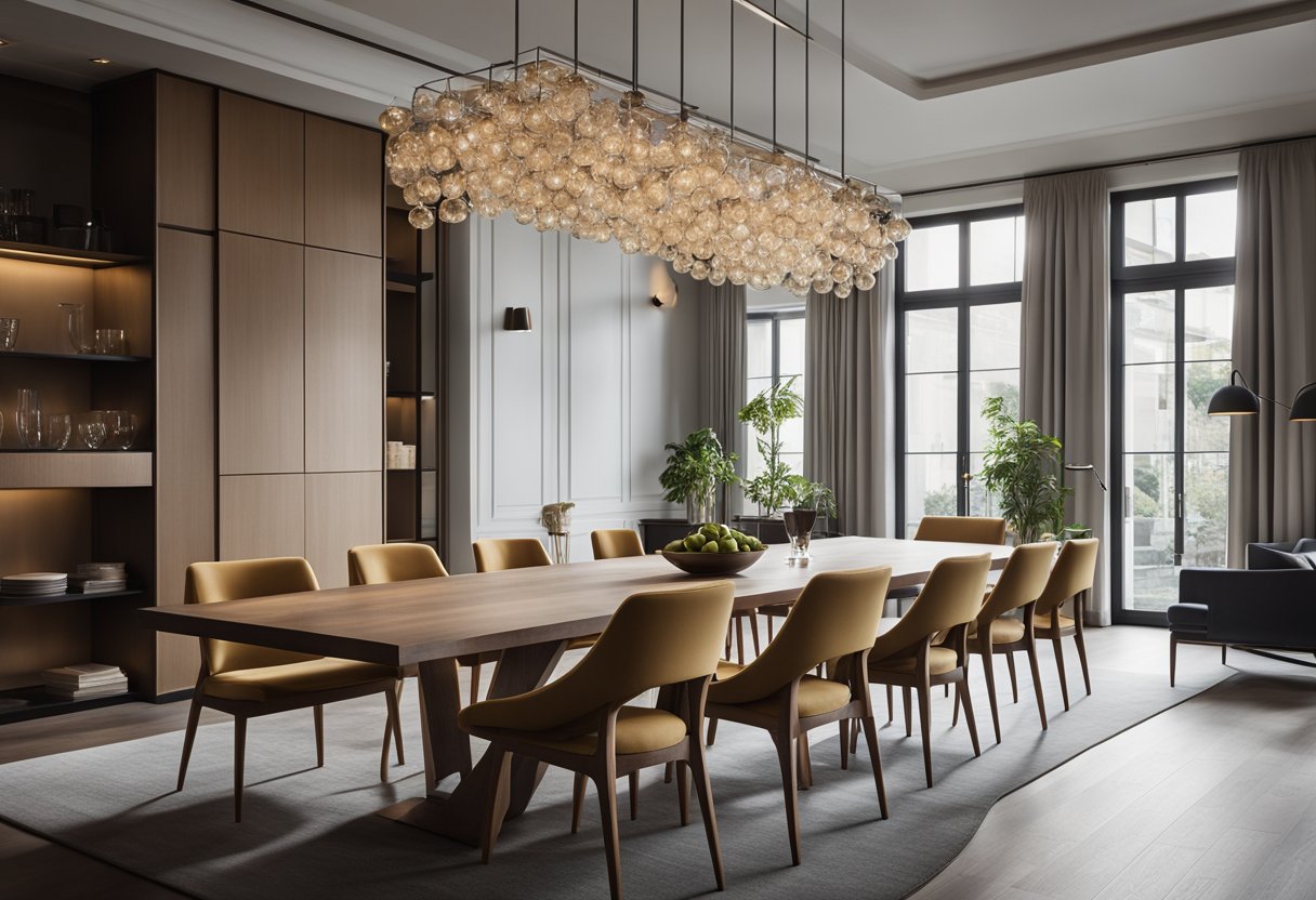 A modern dining room with sleek furniture, a long wooden table surrounded by stylish chairs, and a minimalist chandelier hanging above