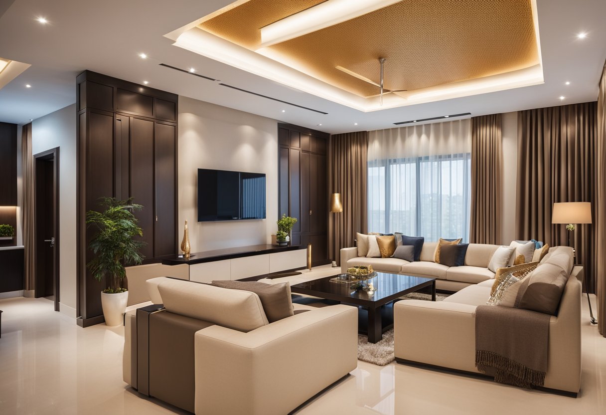 The l-shaped living room features intricate false ceiling designs with recessed lighting and modern fixtures