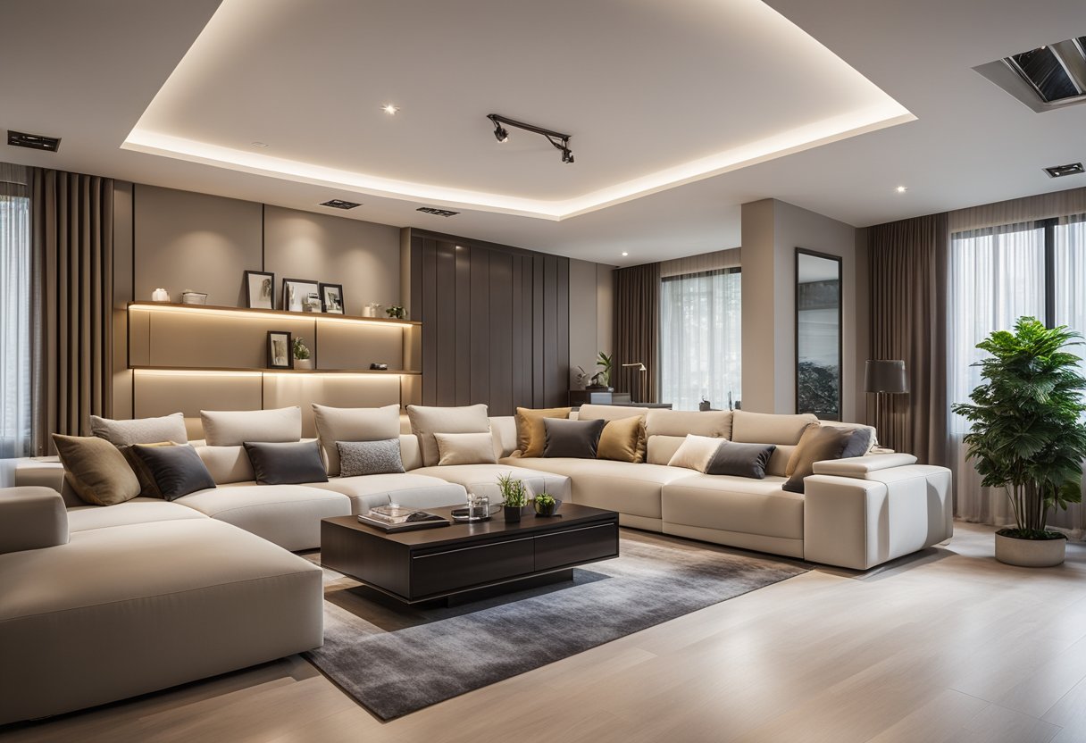 An L-shaped living room with a modern false ceiling design featuring recessed lighting and sleek, clean lines