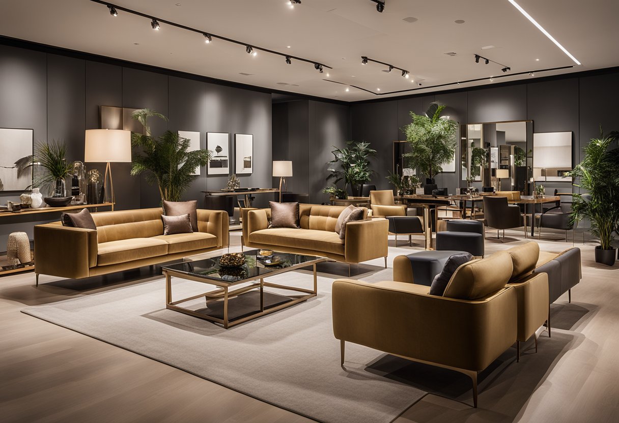 A spacious showroom filled with modern and elegant furniture pieces. Soft lighting highlights the sleek lines and luxurious materials, inviting customers to explore HM Furniture's offerings