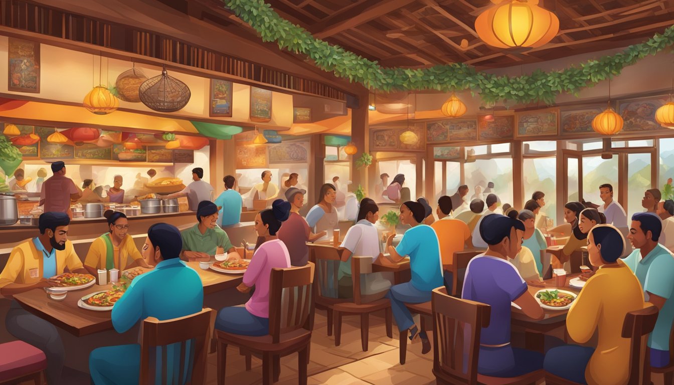 A bustling Komala restaurant, filled with the aroma of spices and sizzling dishes, adorned with colorful decor and crowded with hungry patrons