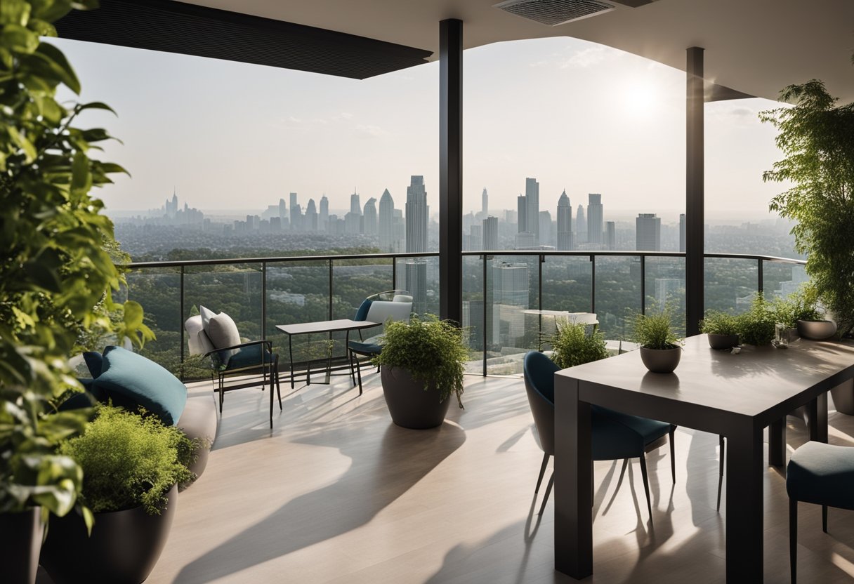 A spacious balcony with modern furniture, lush green plants, and a panoramic view of the city skyline