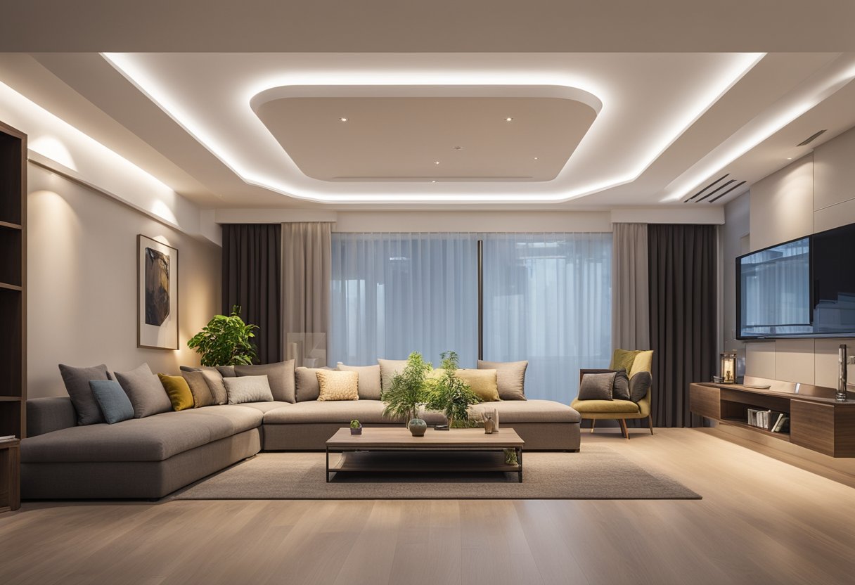 The l-shaped living room features a modern false ceiling design, enhancing the room's aesthetics and functionality