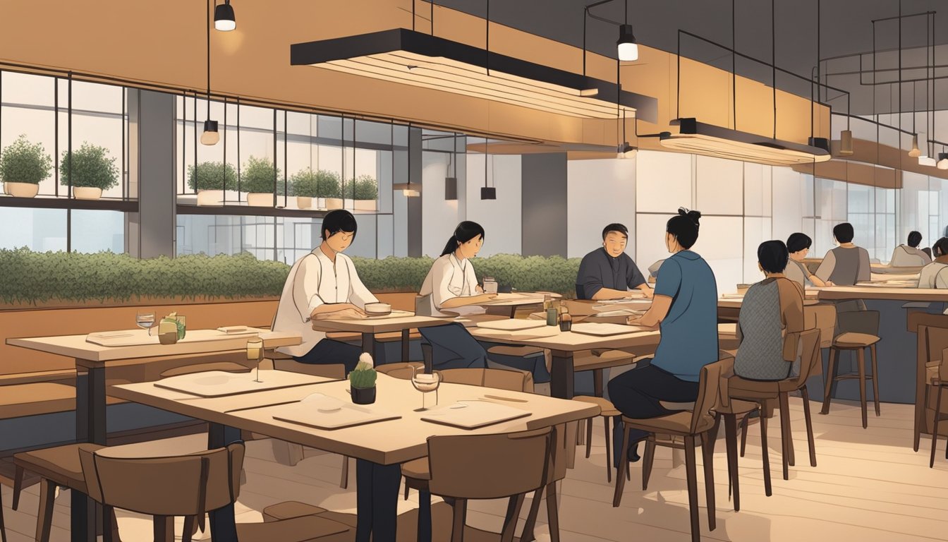 Customers dine at cozy tables in a modern Japanese restaurant, surrounded by minimalist decor and soft lighting. The open kitchen allows diners to watch skilled chefs prepare their meals