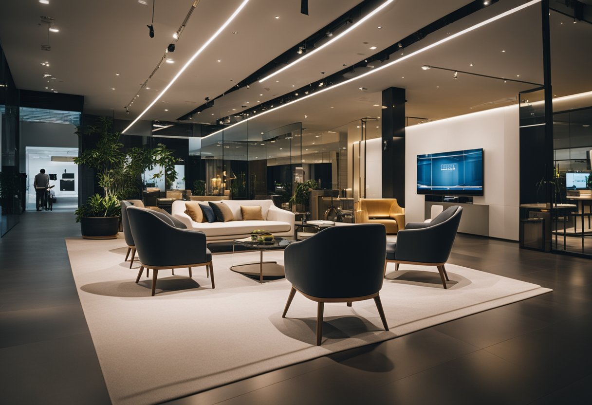 A customer browsing through a sleek and modern furniture showroom in Singapore, with various pieces on display and a sign reading "Frequently Asked Questions."
