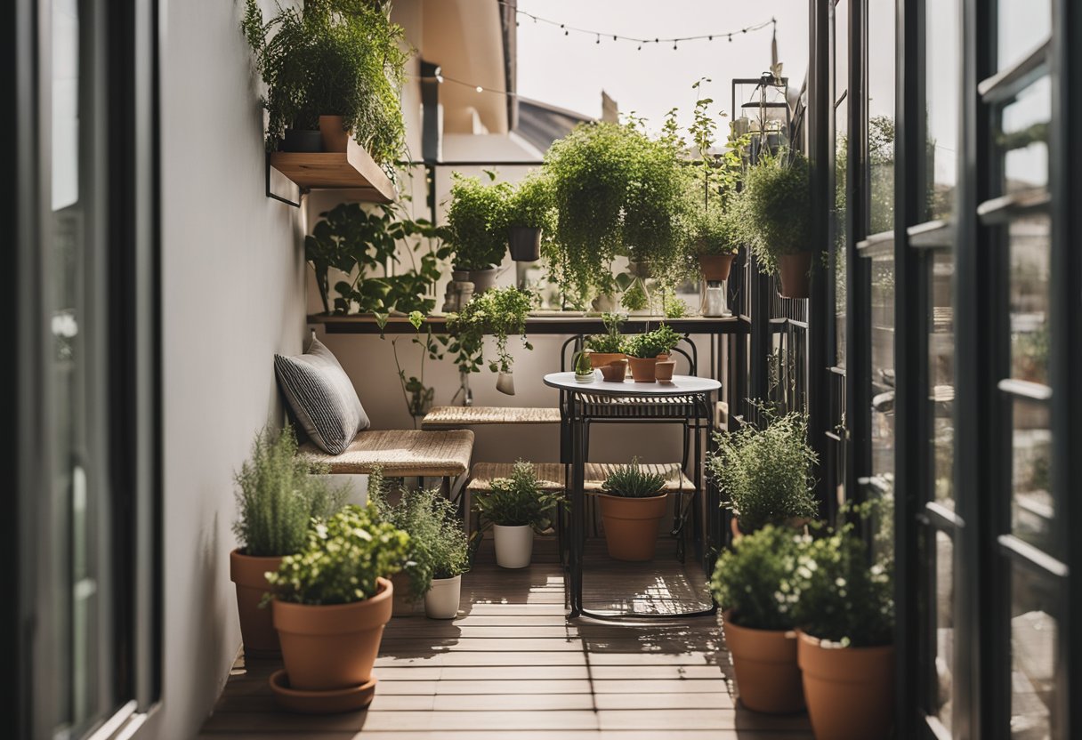 A small balcony with hanging plants, a cozy seating area, and foldable furniture to maximize space. A shelf or railing with potted herbs and a small table for dining