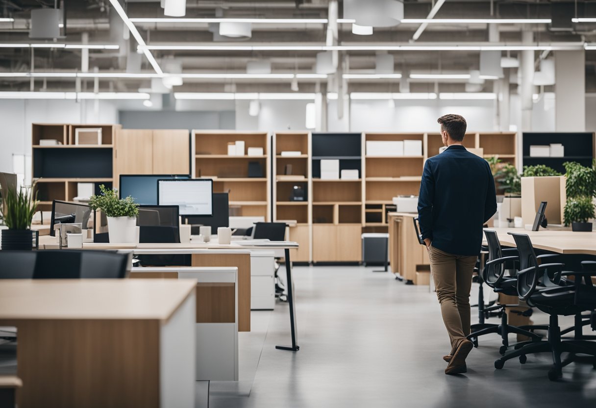 A person browsing through a variety of office furniture options in a showroom, carefully inspecting desks, chairs, and storage solutions