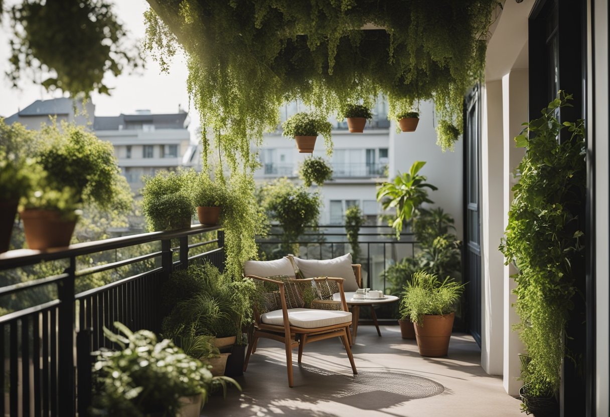 A balcony with overflowing greenery, hanging plants, and comfortable seating, creating a serene and lush green escape