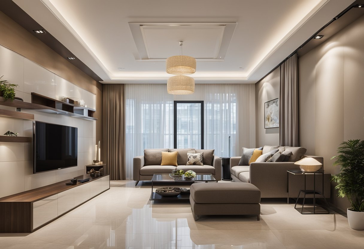 A spacious L-shaped living room with modern false ceiling designs, creating a sleek and contemporary atmosphere