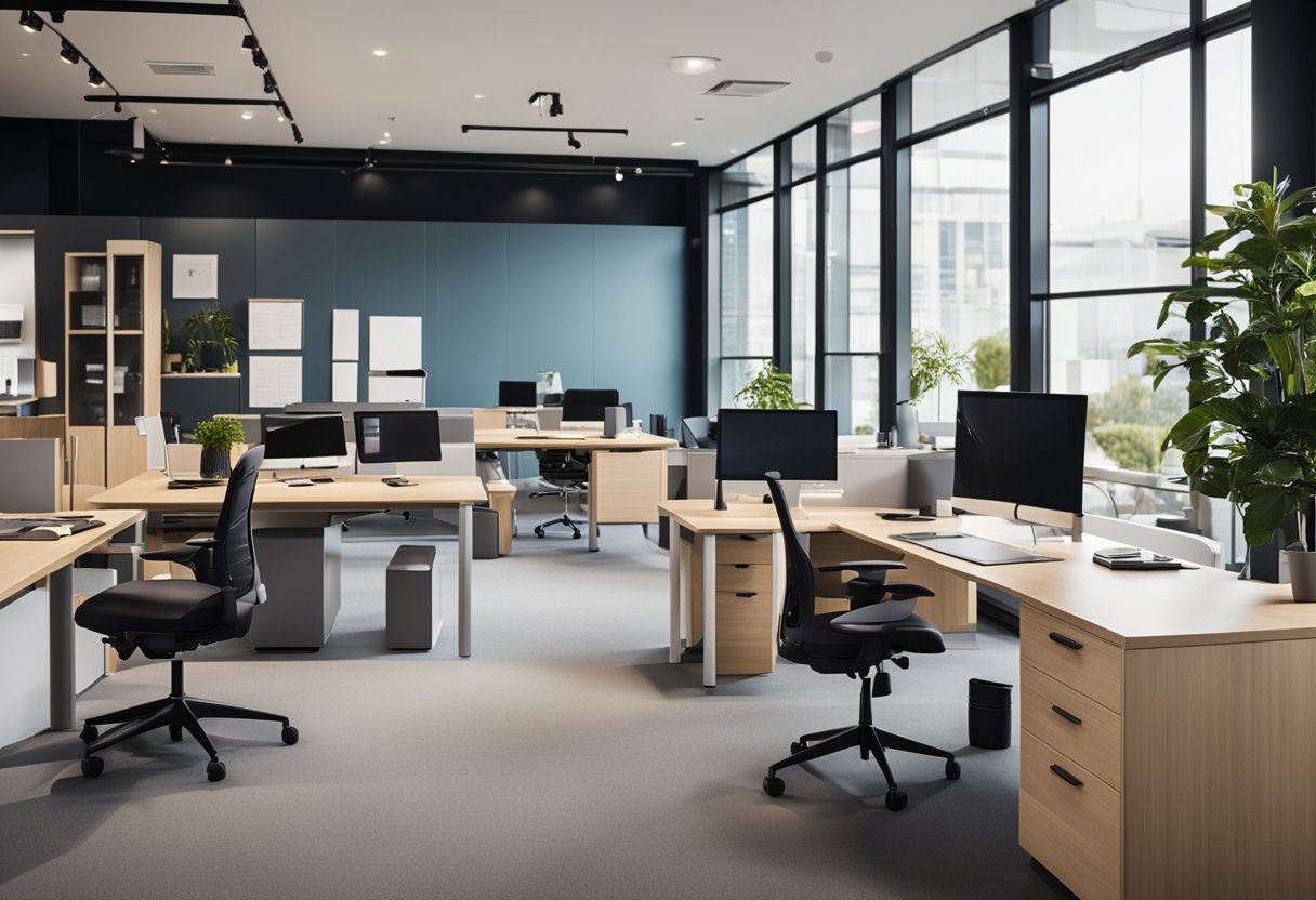 A modern office furniture showroom with sleek desks, ergonomic chairs, and stylish storage options. Bright lighting and a clean, organized layout