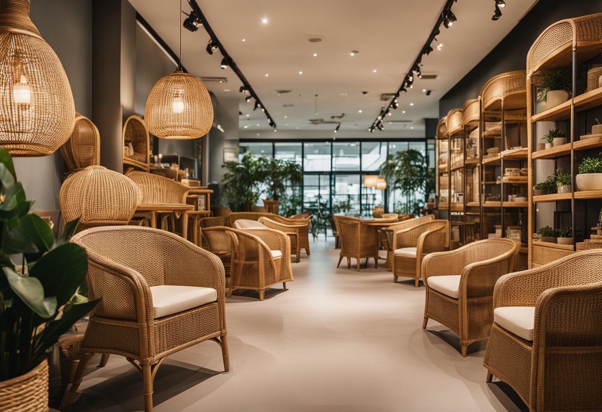 A rattan furniture shop in Singapore displays a variety of chairs, tables, and shelves. The warm, natural tones of the rattan create a cozy and inviting atmosphere