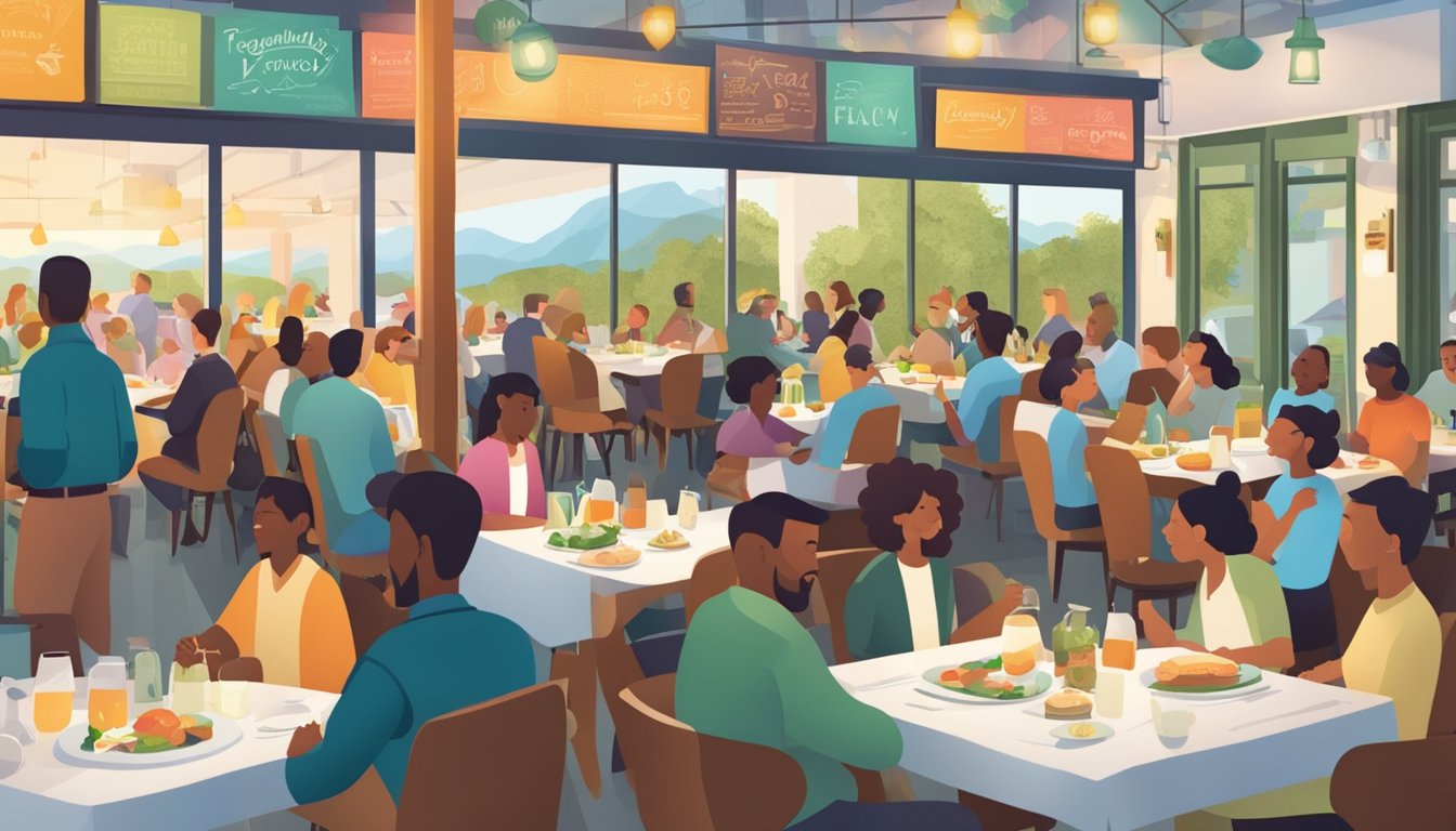 A bustling restaurant with a sign reading "Frequently Asked Questions komala restaurant" and a diverse crowd enjoying their meals