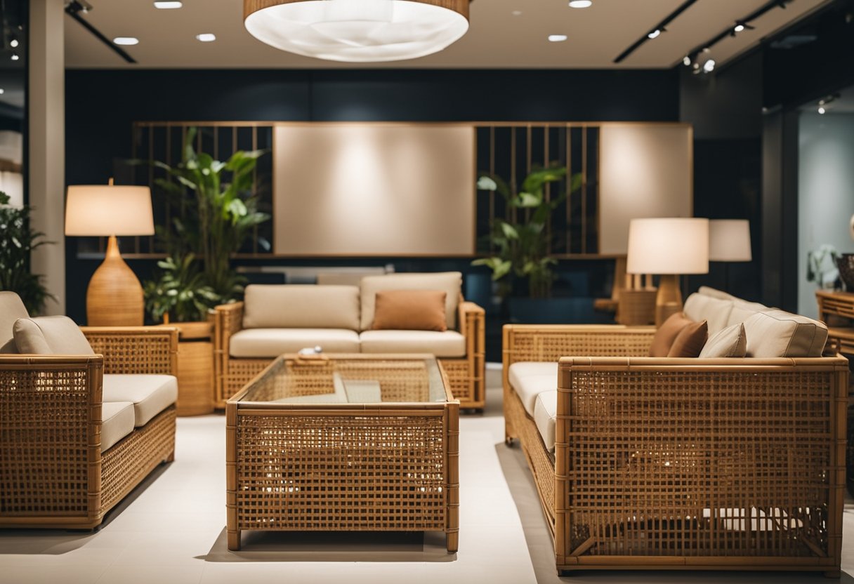 Customers browsing through a variety of rattan furniture pieces in a spacious and well-lit showroom in Singapore