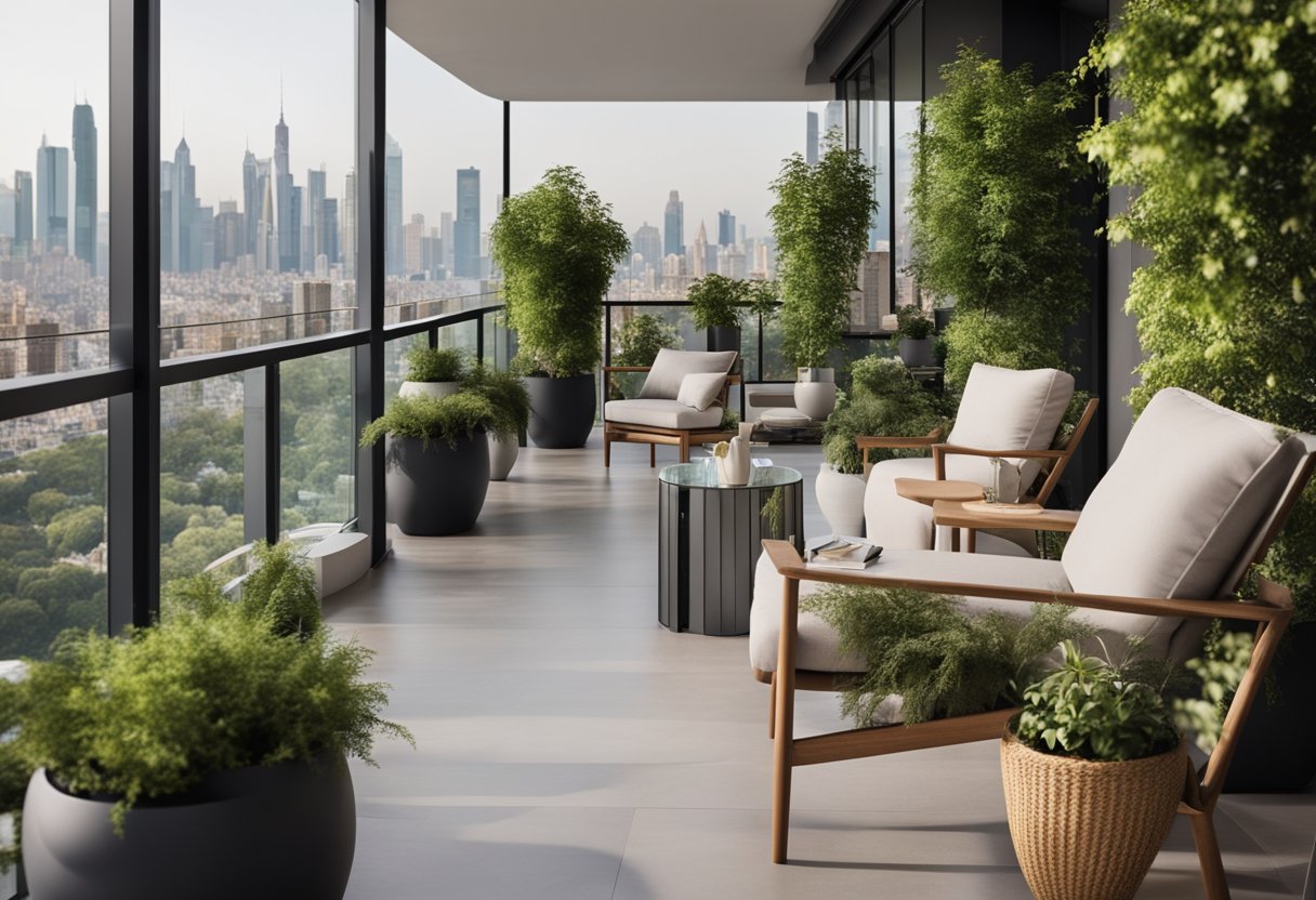 A spacious balcony with modern furniture, lush green plants, and a panoramic view of the city skyline