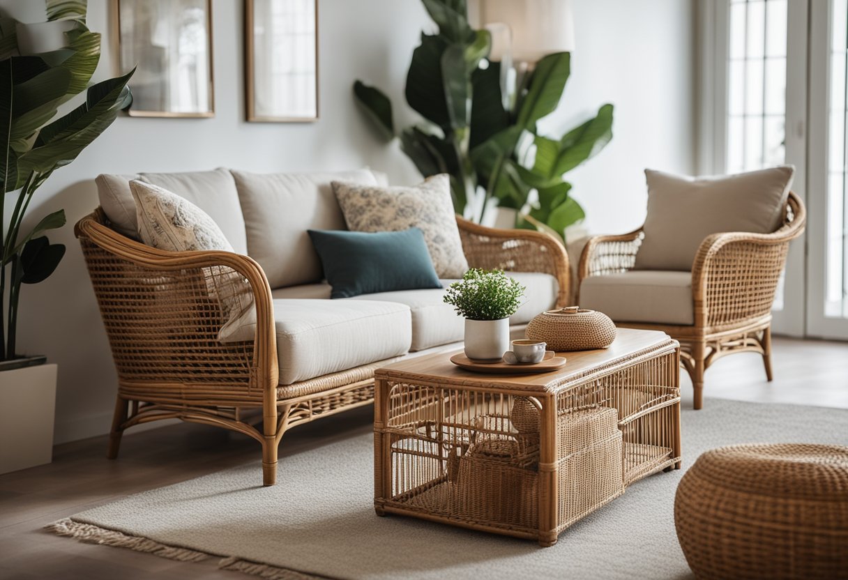 A cozy living room with rattan furniture, including a sofa, coffee table, and armchair. The space is accessorized with rattan baskets, planters, and decorative accents