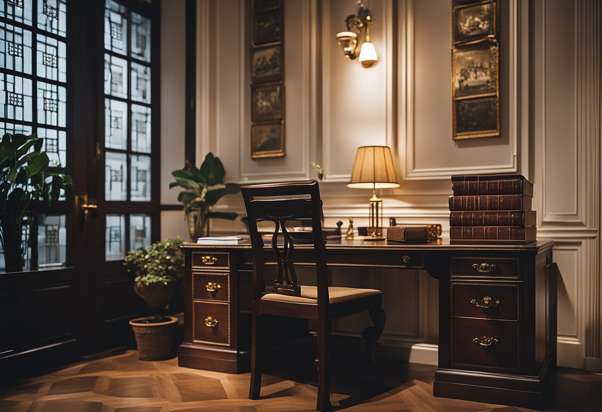 An elegant study room with a vintage writing desk, ornate wooden chairs, and a classic bookshelf in a dimly lit room in Singapore