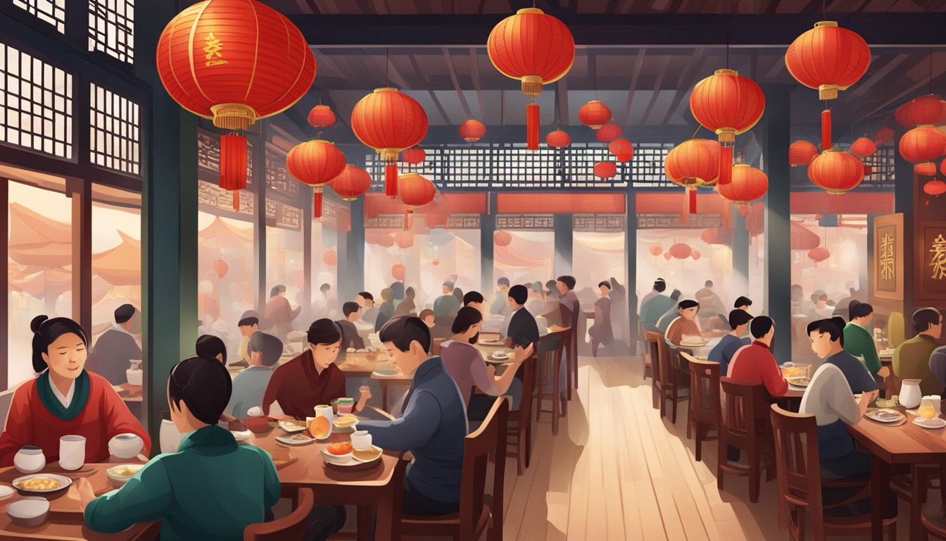 A bustling Chinese restaurant with red lanterns, wooden tables, and steaming plates of dim sum