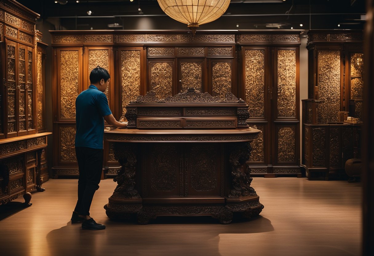 A person examines intricate antique furniture in a dimly lit Singaporean shop. Rich wood and ornate carvings fill the space