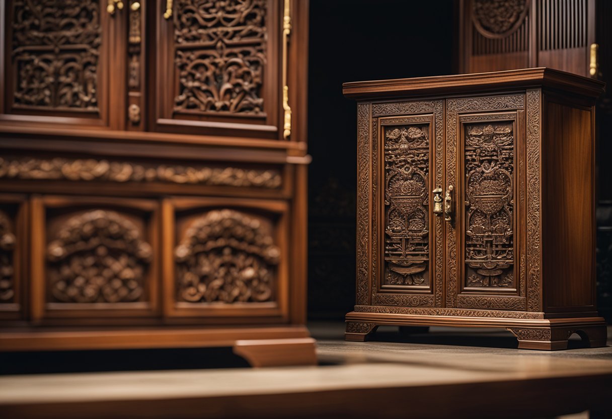 An intricately carved wooden cabinet, adorned with traditional motifs, sits in a dimly lit room surrounded by other antique furniture. The craftsmanship and cultural heritage of Singapore are evident in the exquisite details of the piece