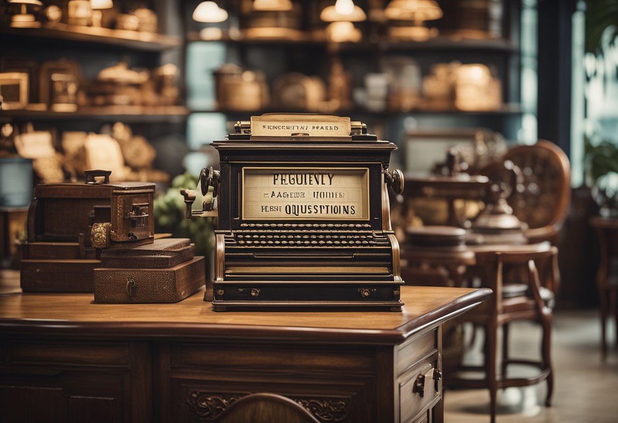 A vintage furniture store in Singapore with a sign reading "Frequently Asked Questions" displayed prominently. Various antique pieces are arranged neatly in the background