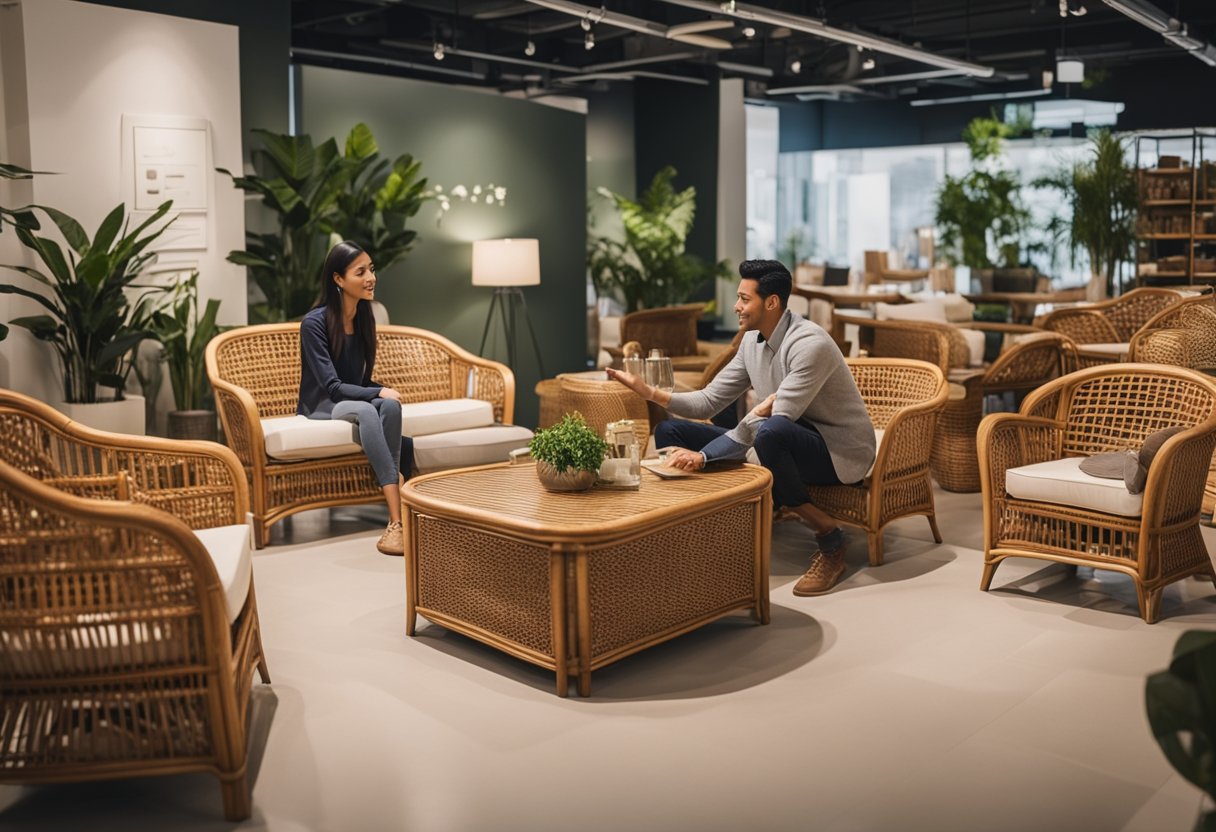 Customers browsing through various rattan furniture pieces in a well-lit showroom with a friendly staff member assisting a couple with their inquiries