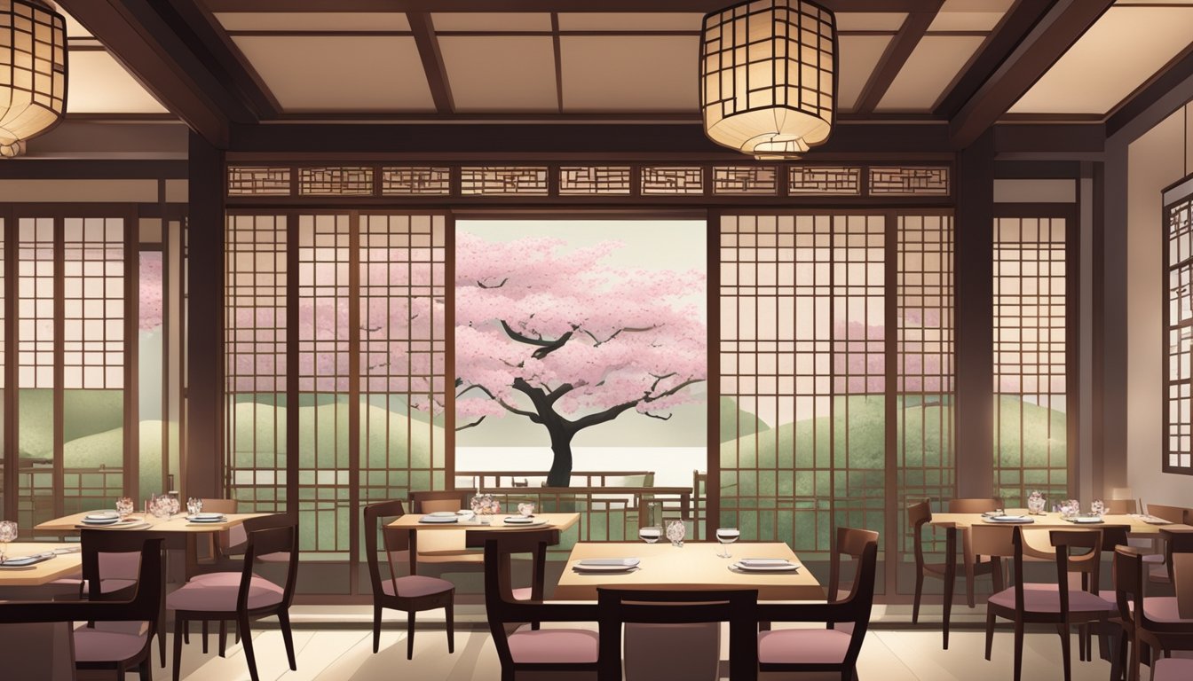 A serene Japanese restaurant in Singapore with elegant décor and traditional tatami seating, adorned with beautiful cherry blossom motifs
