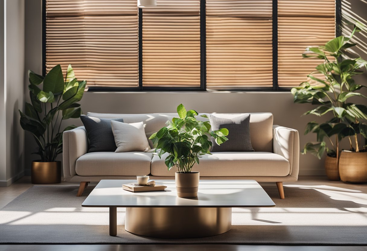 A modern living room with a sleek sofa, coffee table, and plants. Bright sunlight streams through the window, casting shadows on the minimalist decor