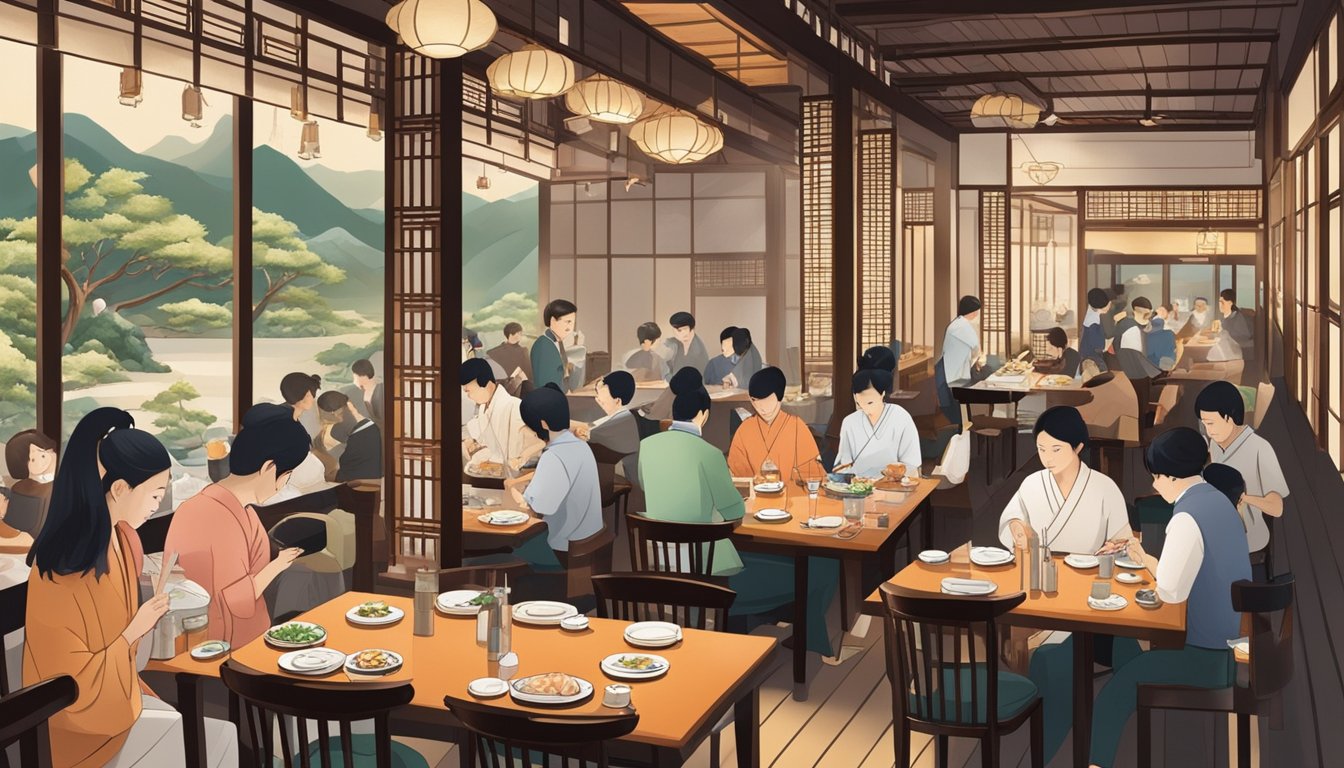 A bustling Japanese restaurant in Singapore, with diners enjoying sushi, sashimi, and tempura. Traditional decor and elegant table settings complete the scene
