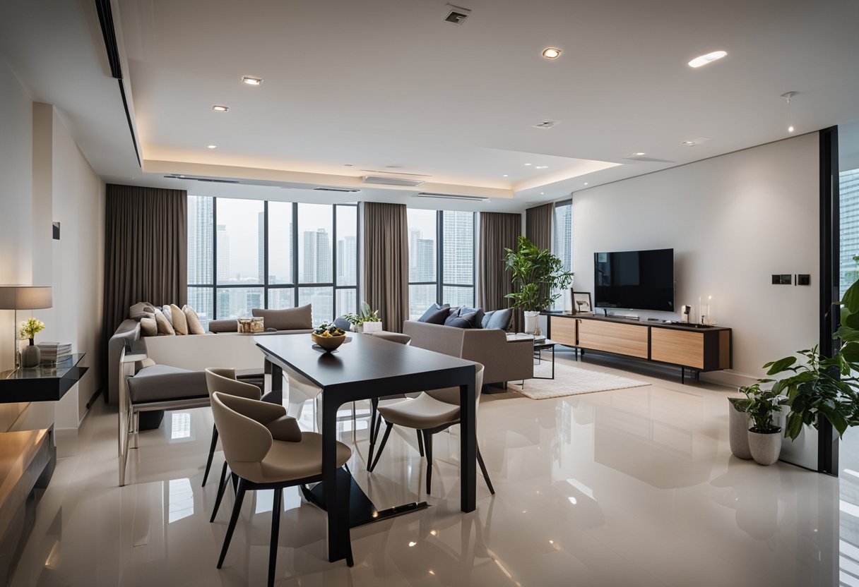 A room with modern furniture, a sleek sofa, and a stylish dining table in a spacious, well-lit apartment in Singapore