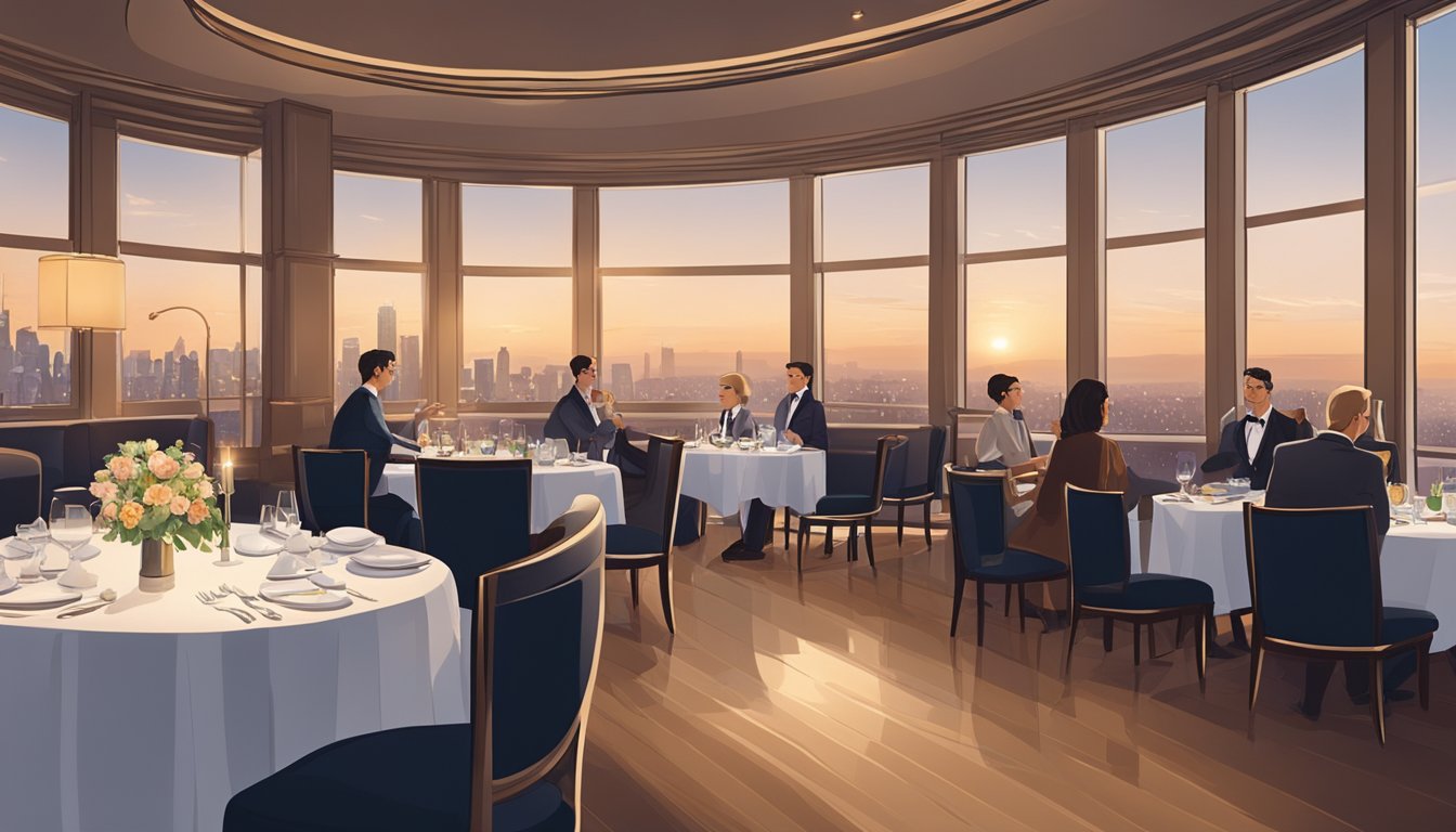 Guests sit at elegant tables, admiring the panoramic view of the city skyline from the restaurant's large windows. The ambiance is sophisticated yet welcoming, with soft lighting and tasteful decor