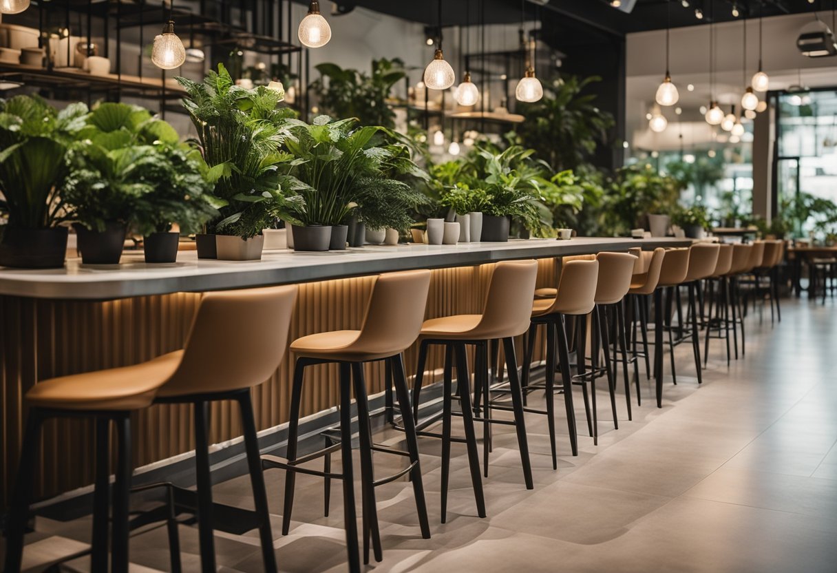 The cafe furniture in Singapore is arranged neatly, with modern chairs and tables placed on a clean, polished floor. The ambiance is warm and inviting, with soft lighting and potted plants adding a touch of greenery