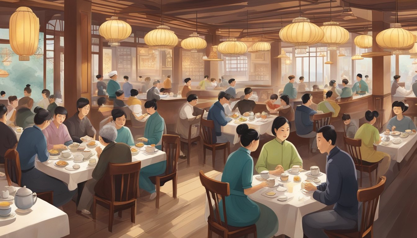 A bustling restaurant with diners enjoying dim sum and tea. Waiters move swiftly among tables, taking orders and delivering steaming dishes. The atmosphere is lively and filled with the clinking of teacups and chatter