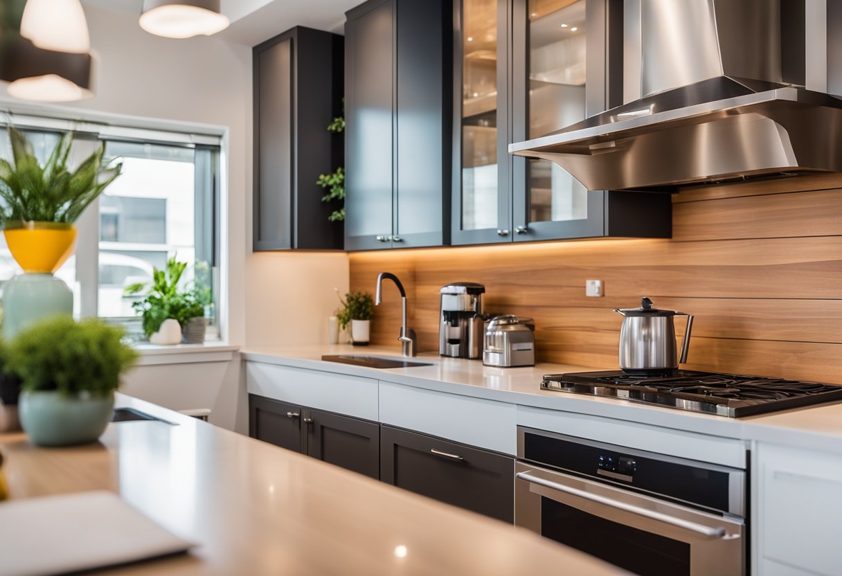 A modern kitchen with sleek stainless steel appliances, vibrant pops of color from the backsplash and cabinets, and natural wood accents creating a warm and inviting atmosphere