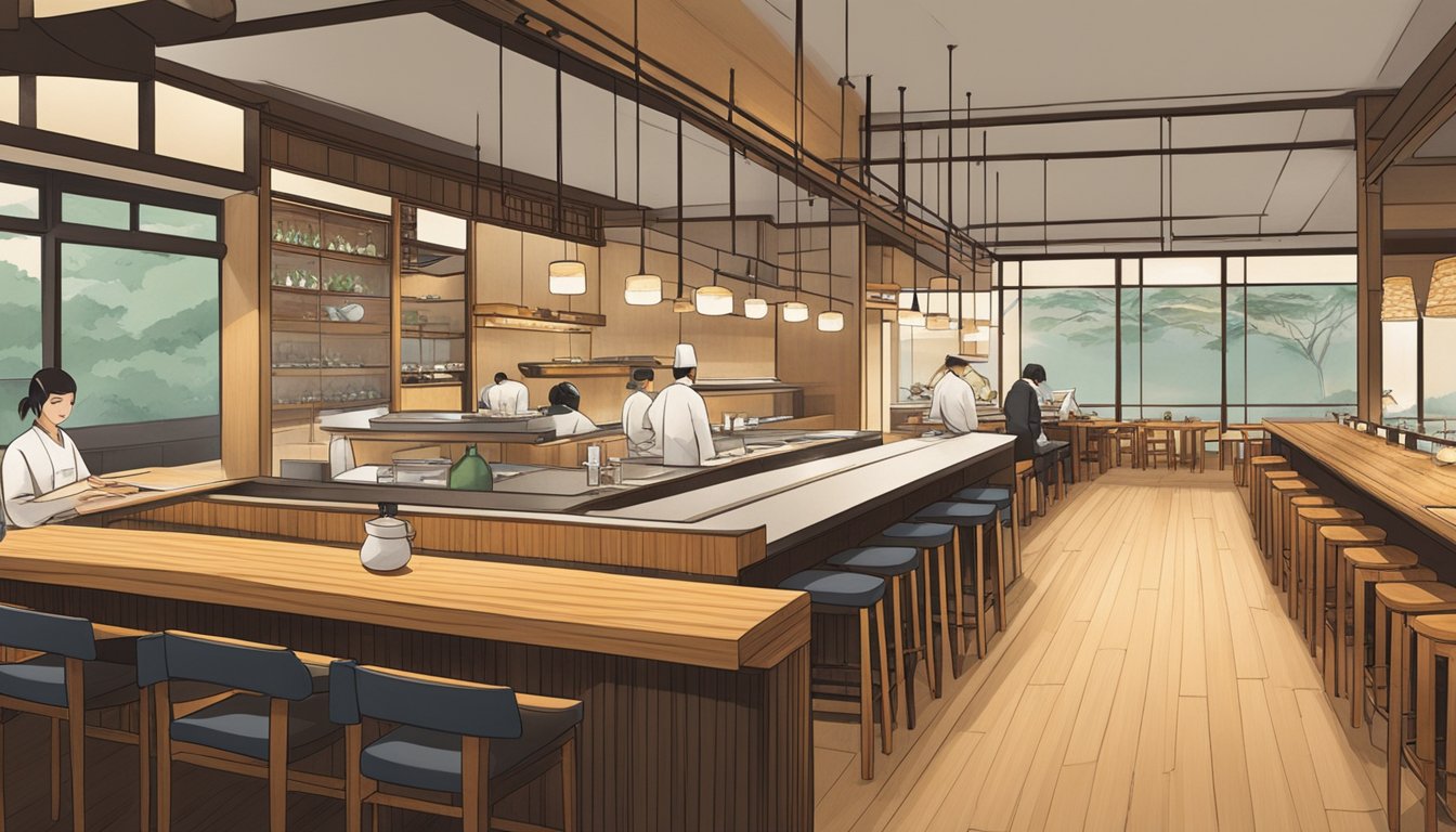 Warm lighting, bamboo accents, and traditional Japanese decor create a serene ambience. Sushi chefs prepare fresh fish at the sleek, minimalist sushi bar. Customers enjoy their meals at low, wooden tables with floor seating